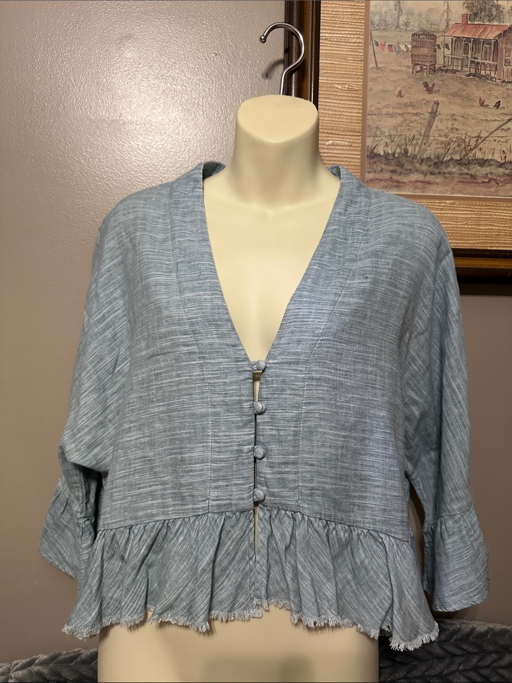 Storia Linen Blend Light Blue Button-Front Ruffle Hem Top 3/4 sleeve size small